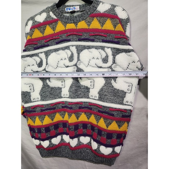 80's ROSE Acrylic Dancing Elephants & Hearts Chunky Knit Acrylic Sweater Medium - Picture 7 of 8